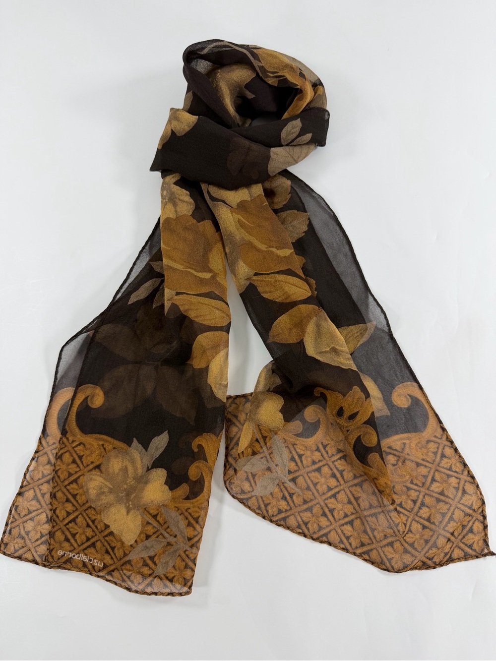 Liz Claiborne Floral Chiffon Scarf Brown Gold Sheer Rose Print 54x12